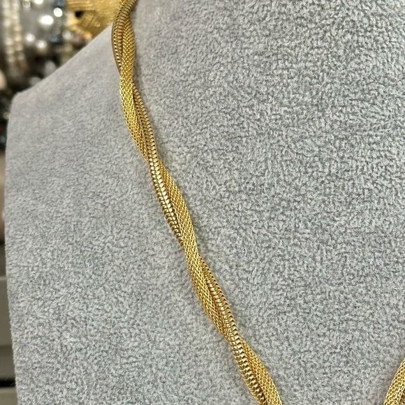 Vintage Signed Fjj Gold Tone Mesh And Serpentine Twist Necklace with Baguettes - Picture 3 of 4